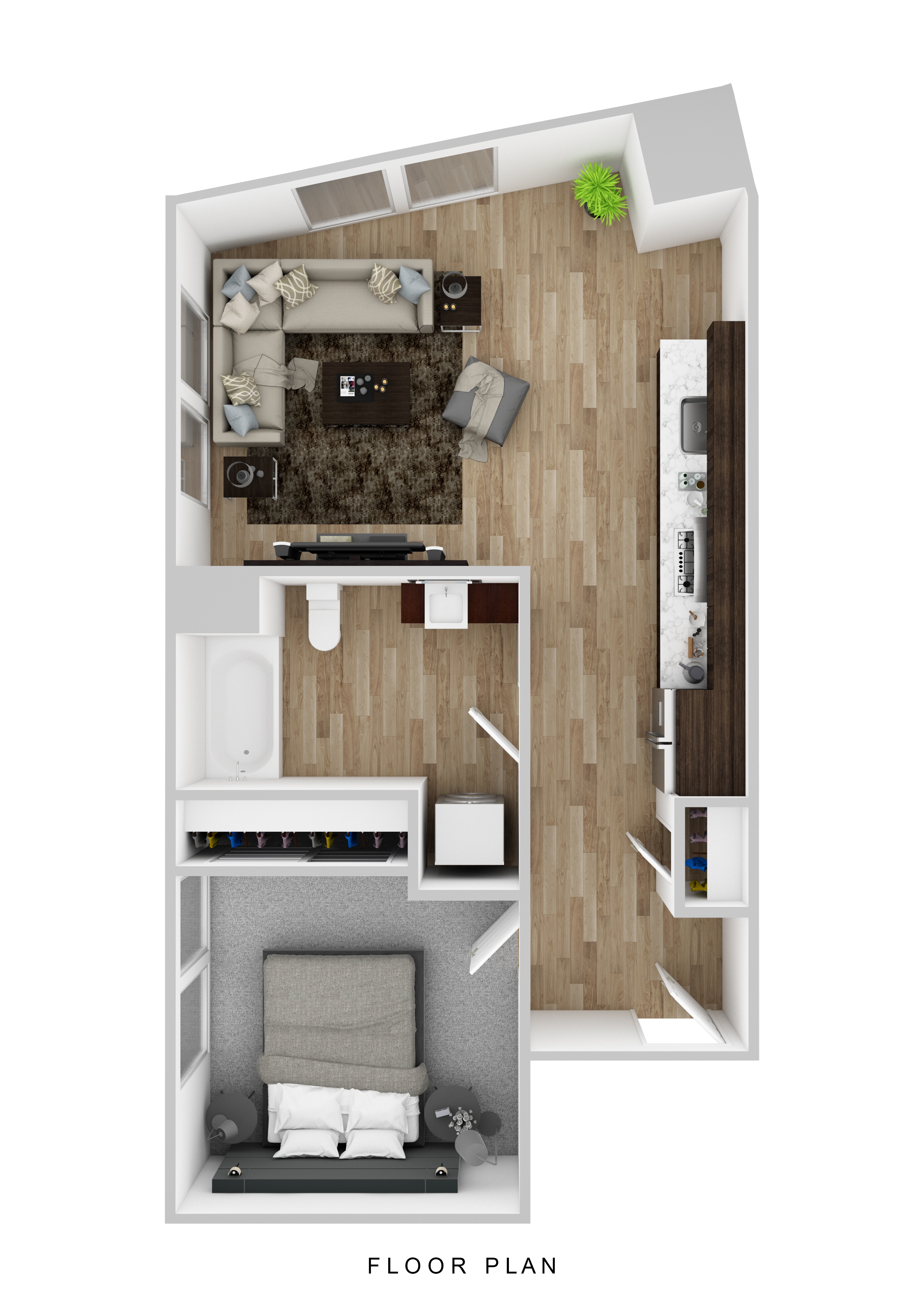 Floor plan for 1 bed, 1 bath, 670 sqft